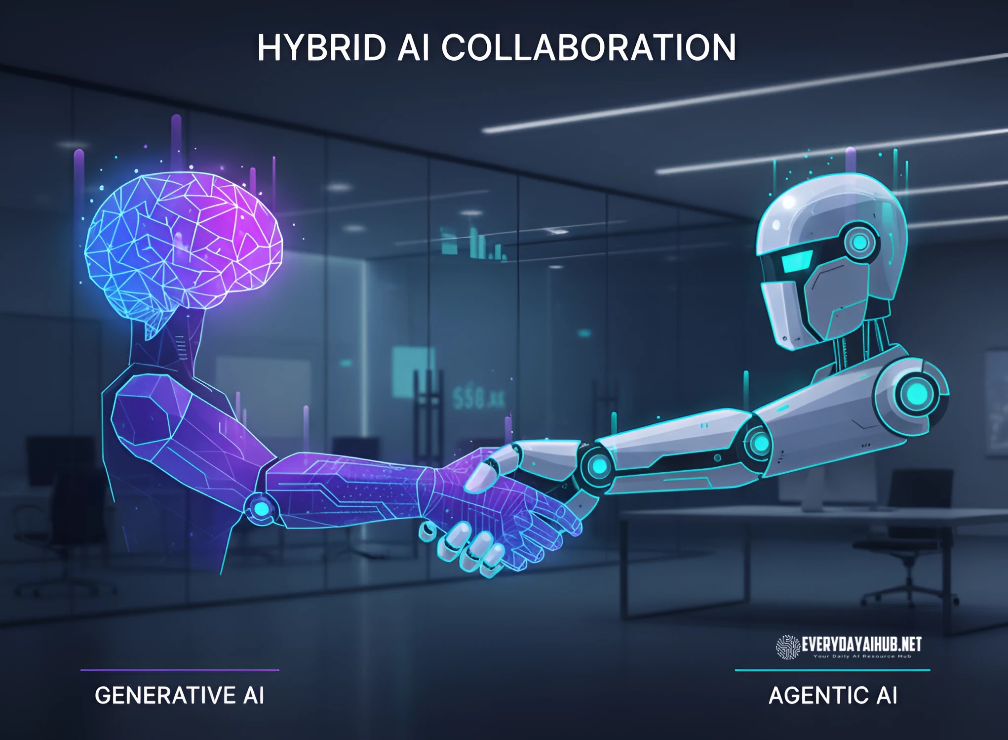 Hybrid AI model combining Generative AI creativity with Agentic AI automation.