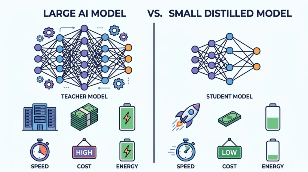 comparison between large AI model and distilled model efficiency