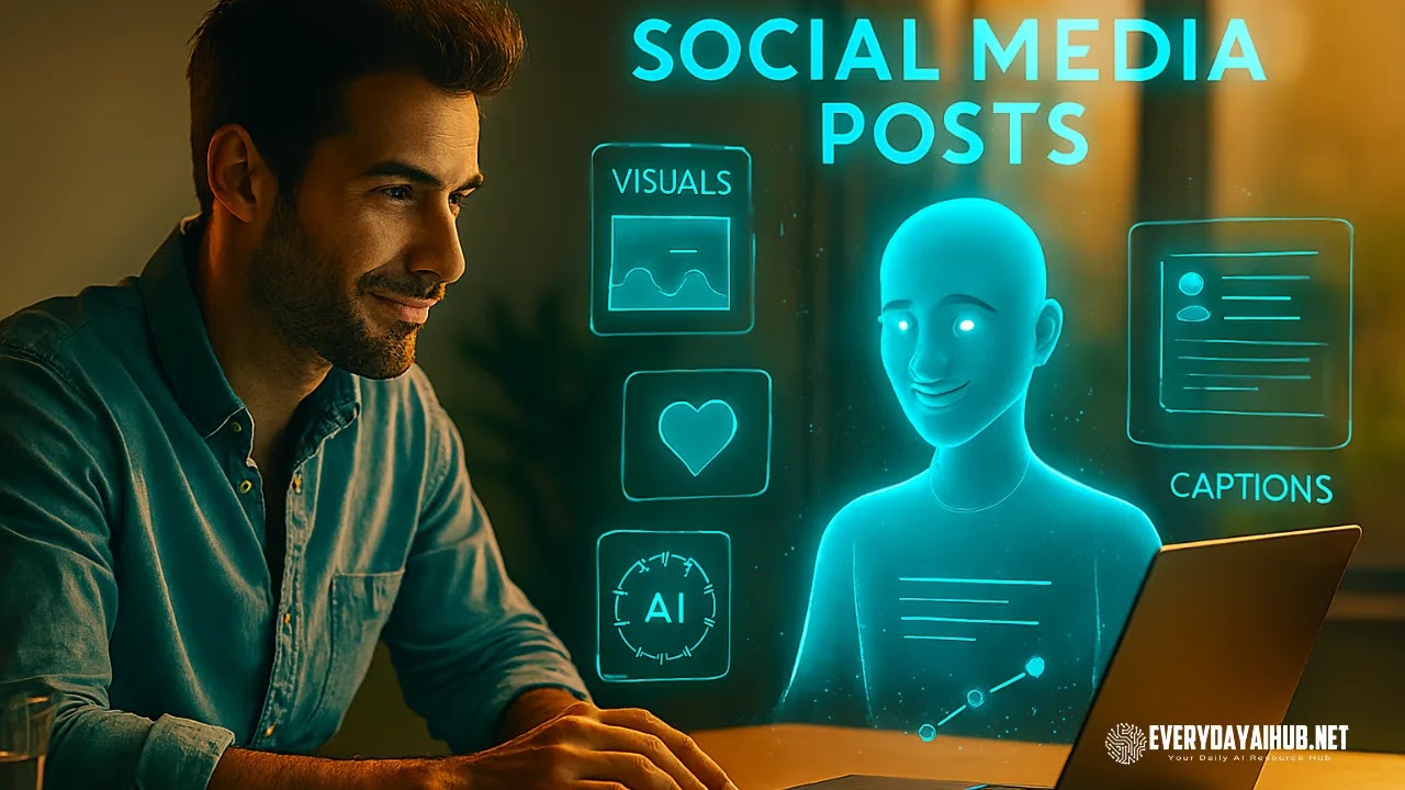 Marketer using AI tools to generate social media content and visuals