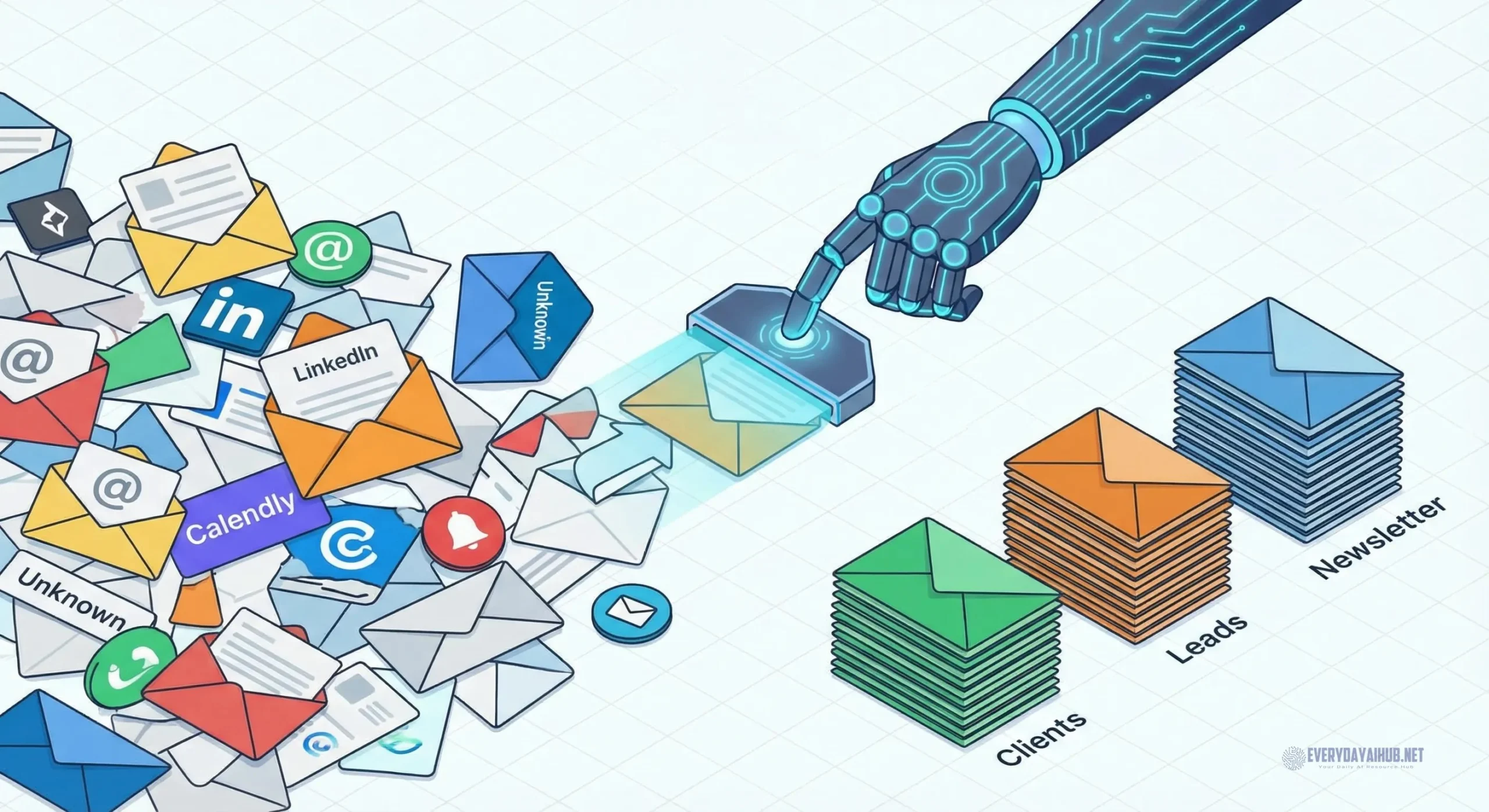 An isometric illustration of a robotic hand sorting a messy pile of mixed emails into neat, organized stacks labeled Clients, Leads, and Newsletter.