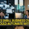 A side-by-side comparison showing a professional woman at a desk. On the left, she is stressed and surrounded by a chaotic swarm of "Urgent" digital notifications; on the right, she is calm and smiling as glowing holographic AI assistants manage her schedule and data.