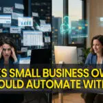 A side-by-side comparison showing a professional woman at a desk. On the left, she is stressed and surrounded by a chaotic swarm of "Urgent" digital notifications; on the right, she is calm and smiling as glowing holographic AI assistants manage her schedule and data.