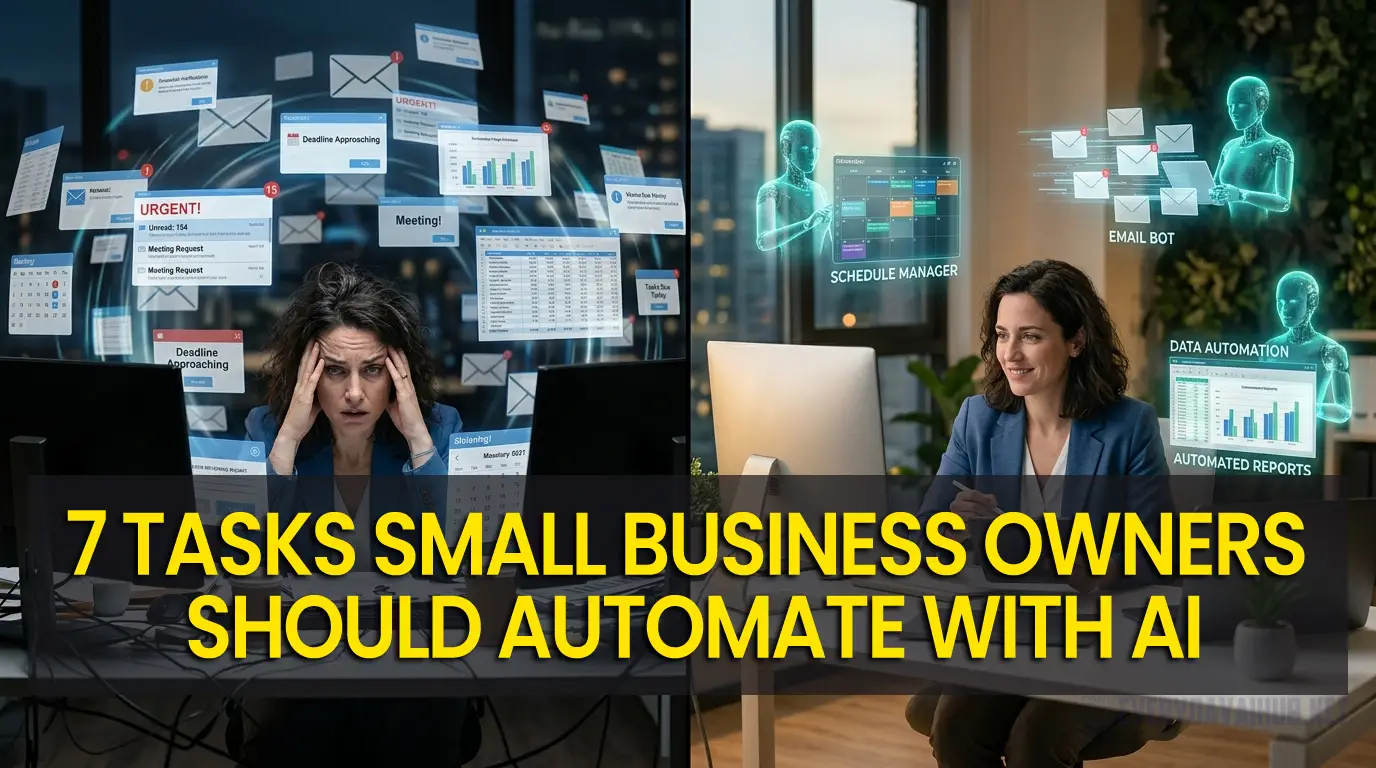 A side-by-side comparison showing a professional woman at a desk. On the left, she is stressed and surrounded by a chaotic swarm of "Urgent" digital notifications; on the right, she is calm and smiling as glowing holographic AI assistants manage her schedule and data.