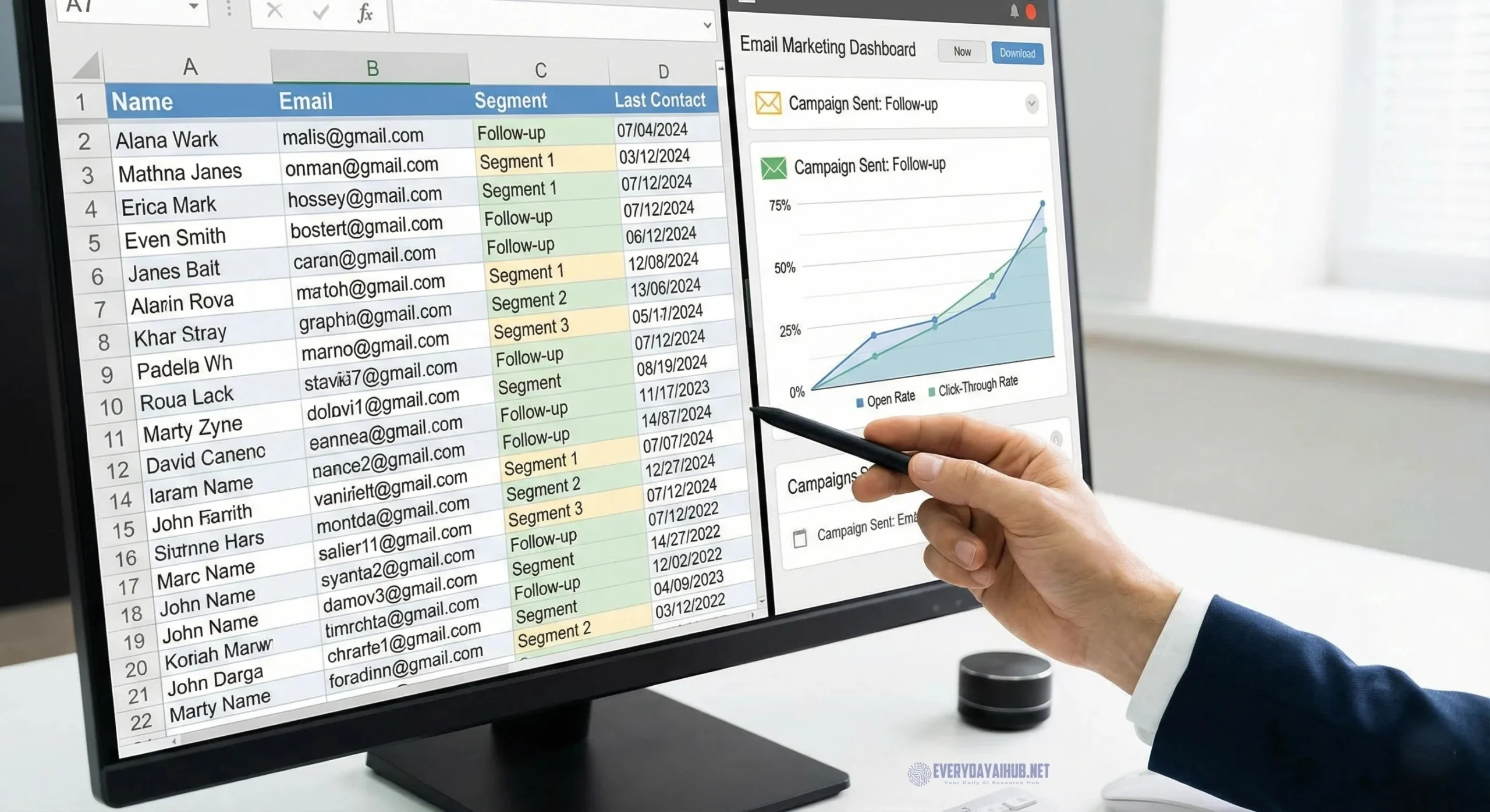 A split-screen view showing a clean spreadsheet of contact data on the left and an email marketing dashboard with rising performance graphs on the right.