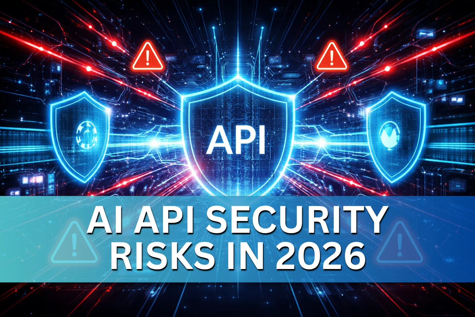 AI API security risks illustration with cyber attack and defense elements