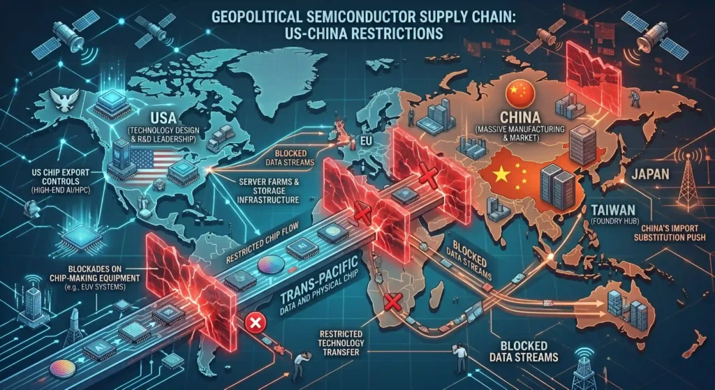 AI chip export restrictions between US and China showing blocked semiconductor flow