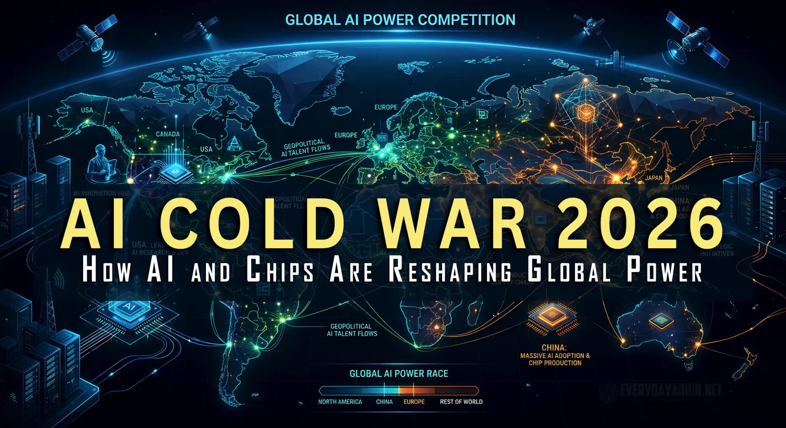 AI Cold War 2026 global competition map showing data, chips, and AI infrastructure