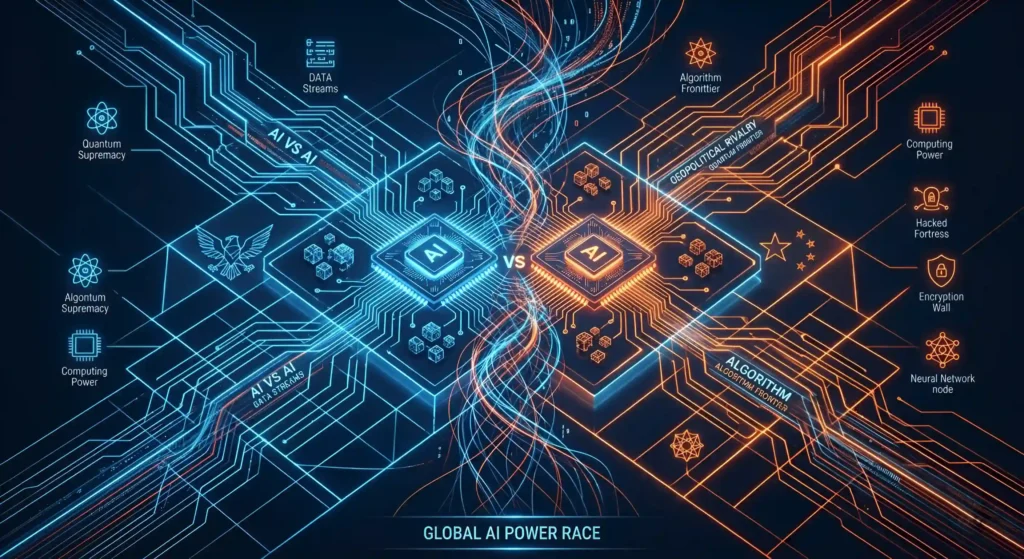 AI Cold War digital battlefield showing data streams and chip infrastructure