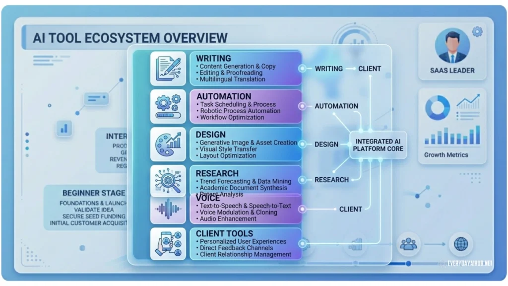 Diagram showing different AI tool categories like writing, automation, design, and research