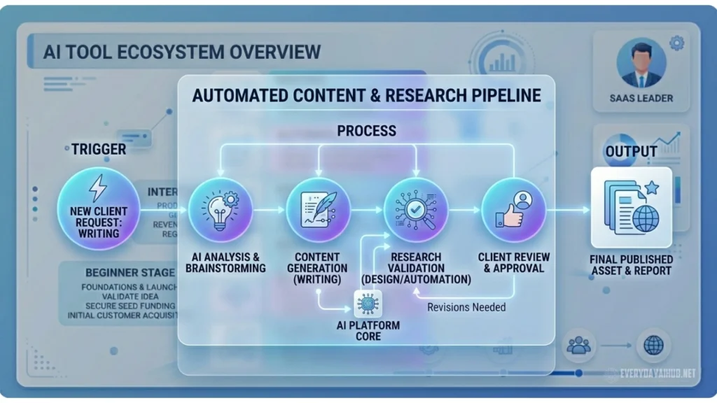 Workflow diagram showing trigger process output system using AI tools