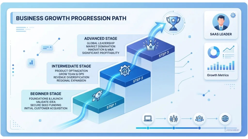 Infographic showing different stages of solo business growth and AI tool priorities