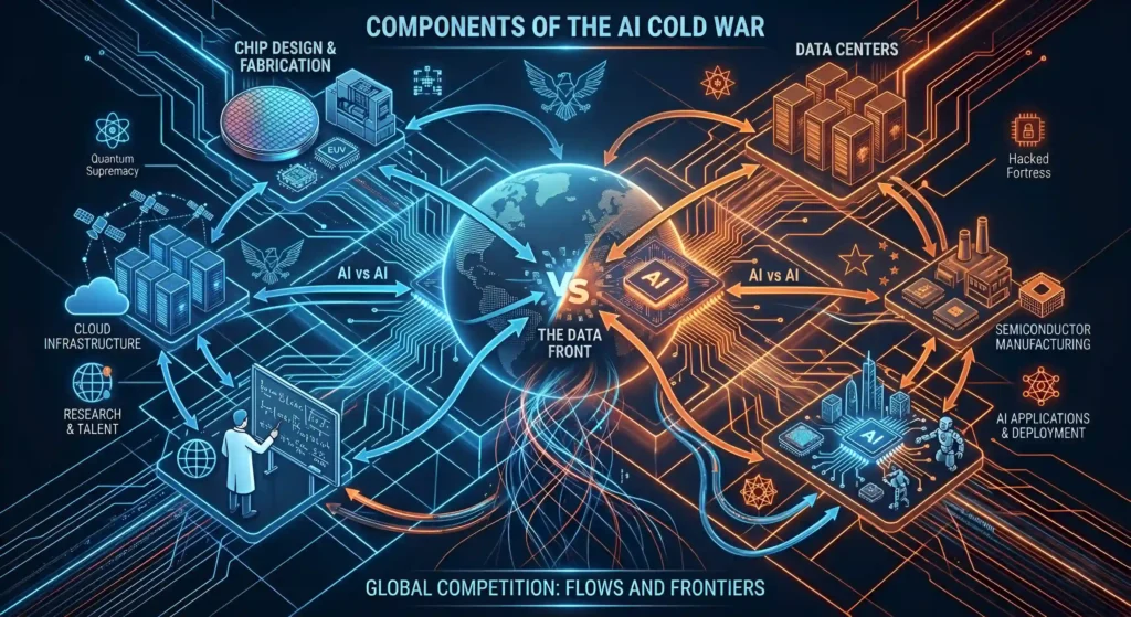 AI Cold War components including chips, data, compute, and research infrastructure