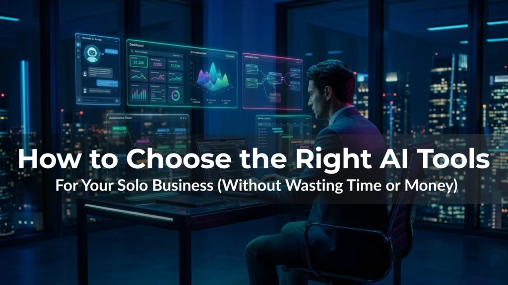 Solo entrepreneur using AI tools and automation dashboards in a modern workspace