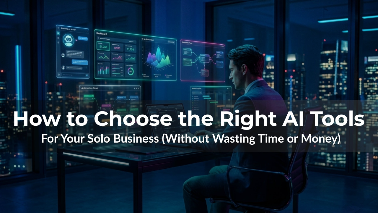 Solo entrepreneur using AI tools and automation dashboards in a modern workspace