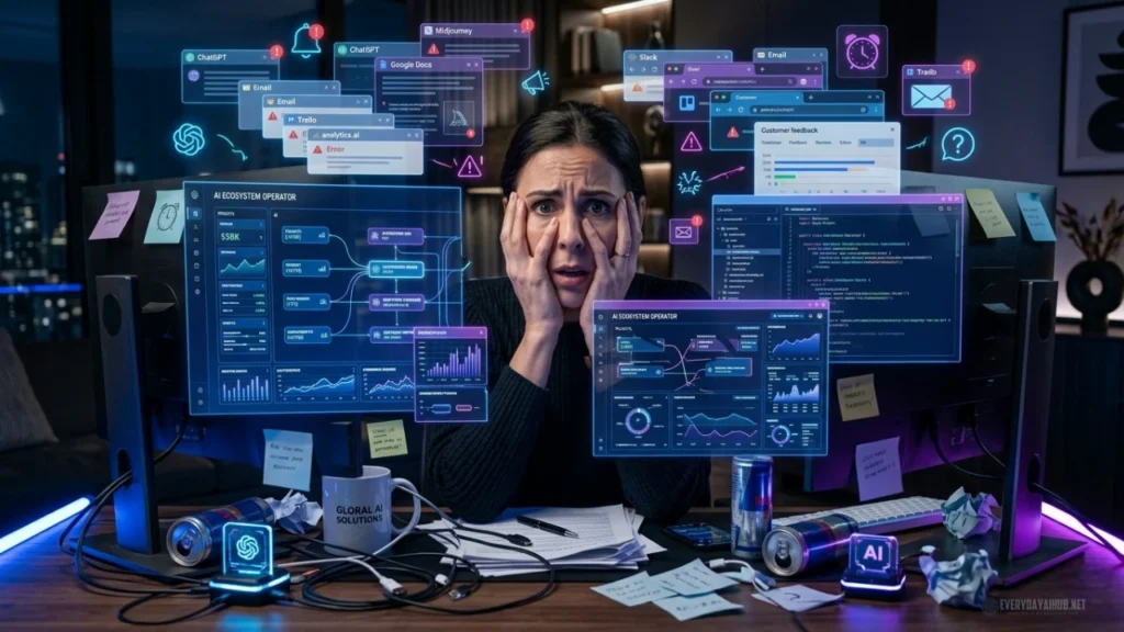 Overwhelmed solo entrepreneur surrounded by multiple AI tools and browser tabs