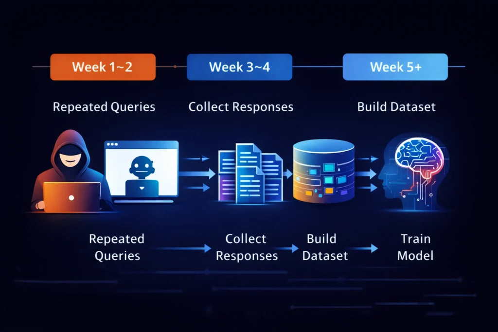 AI API attack timeline showing data collection and model replication