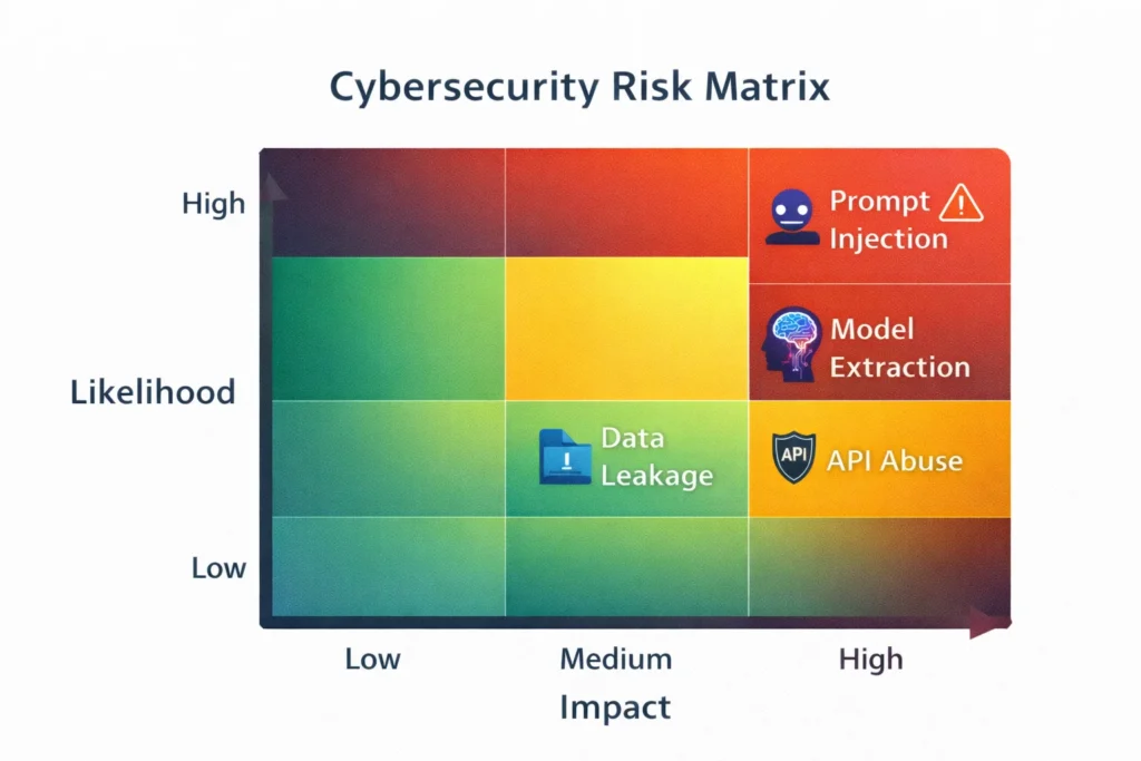 AI API risk matrix showing likelihood and impact of security threats