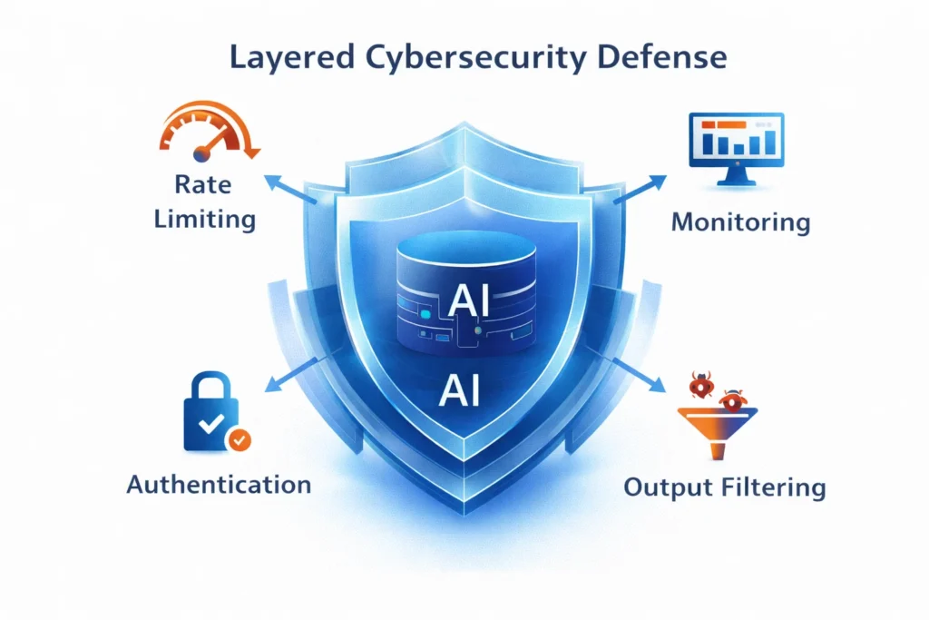 layered AI API security defenses including monitoring and rate limiting