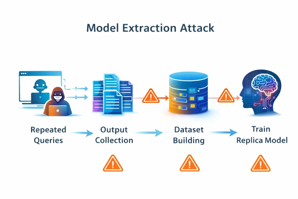 model extraction attack process using repeated API queries and outputs