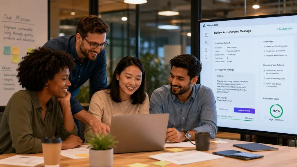 Small business team reviewing AI-generated customer communication together