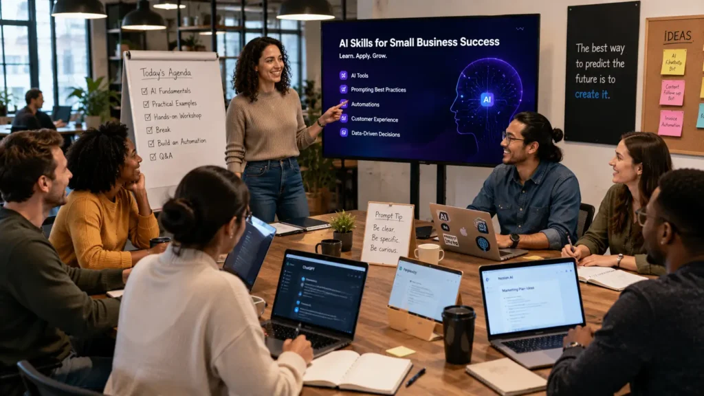 Employees learning AI tools in a collaborative small business workshop