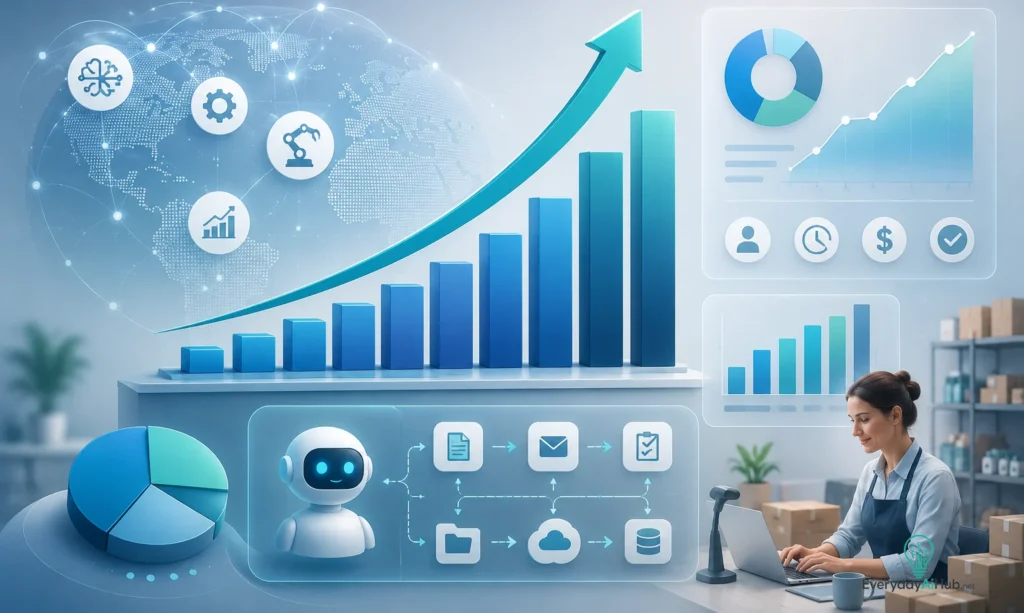 Business analytics dashboard showing AI automation growth and productivity improvements