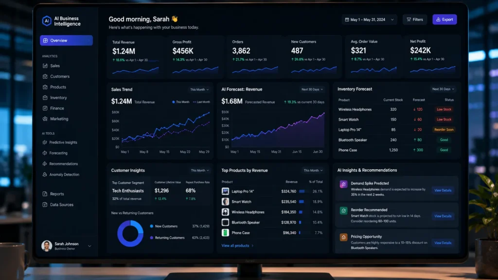 Small business analytics dashboard using AI to predict trends and inventory needs
