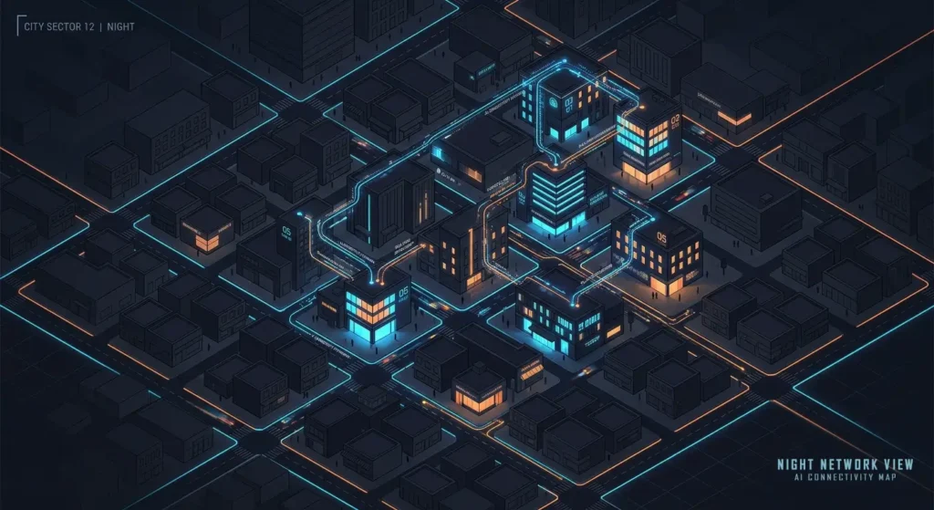 A bird's-eye view of a city block at night where a handful of brightly glowing storefronts are connected by vivid blue and orange circuit-line threads, while most surrounding shops remain dim and disconnected, illustrating the growing divide in AI adoption among small businesses.