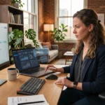 Small business owner using AI dashboards and automation tools on multiple screens in a modern office