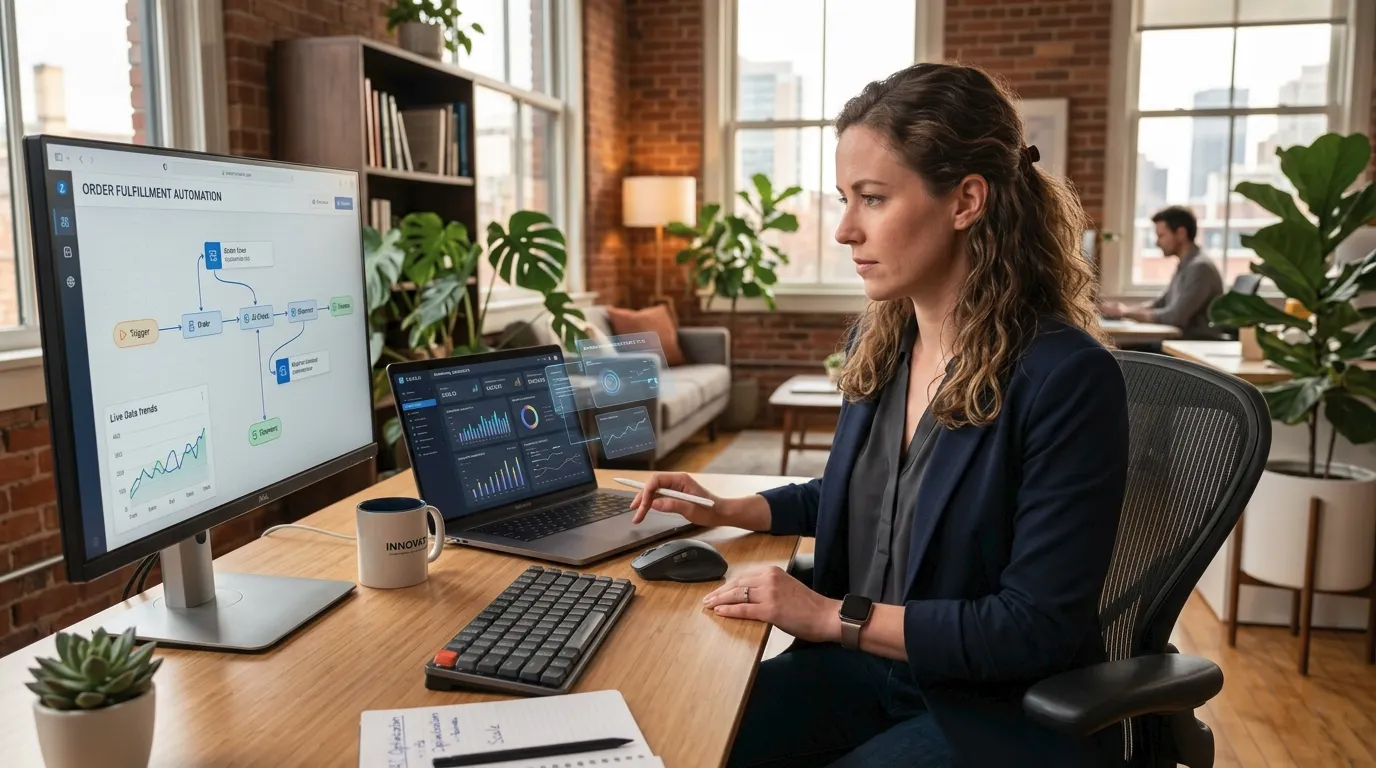 Small business owner using AI dashboards and automation tools on multiple screens in a modern office