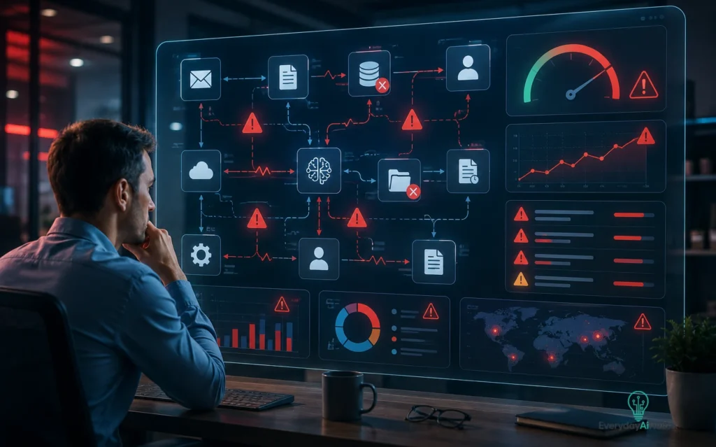 AI workflow warning dashboard showing automation mistakes and broken processes