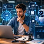 Small business owner using AI workflow automation to manage emails, CRM, invoices and social media tasks