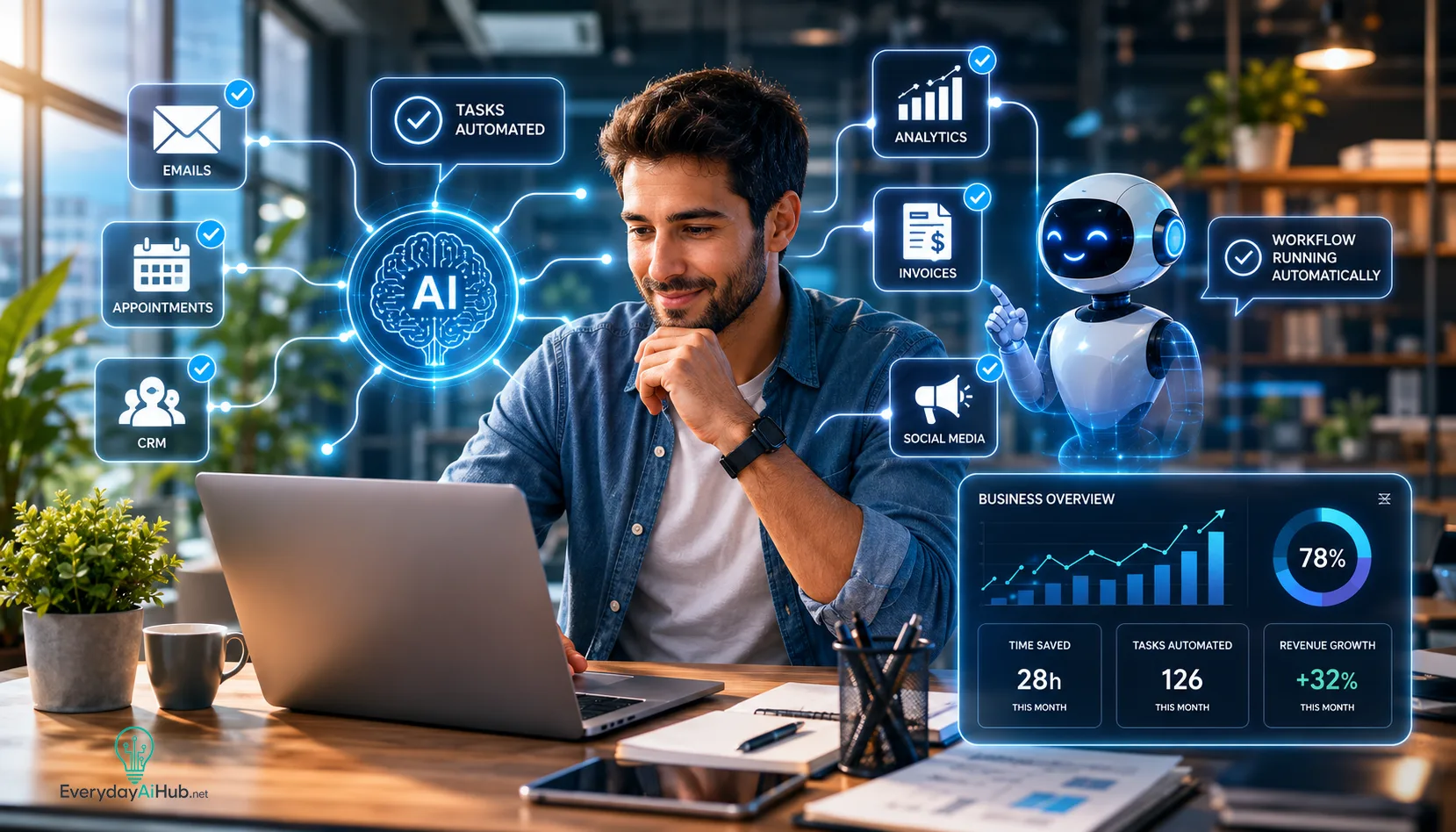 Small business owner using AI workflow automation to manage emails, CRM, invoices and social media tasks