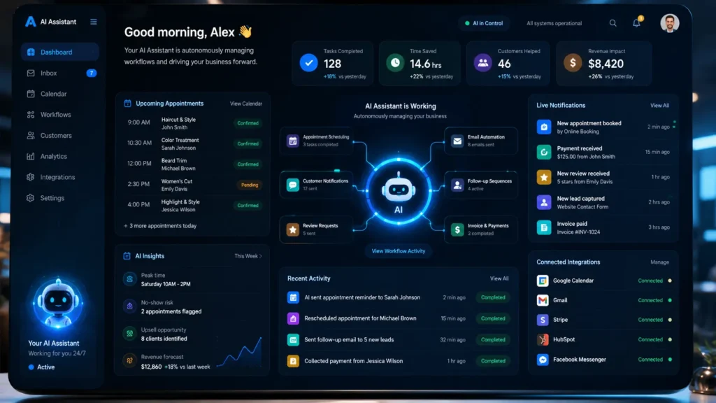 AI assistant autonomously managing appointments, emails, and customer workflows for a small business