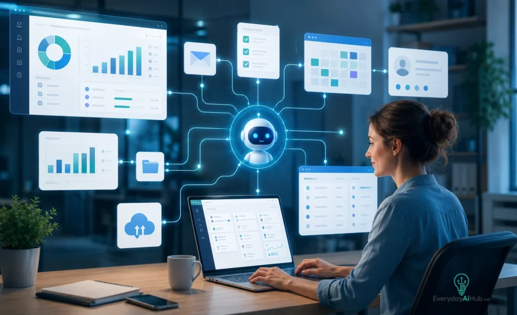 AI workflow and automation tools connected in a business software ecosystem