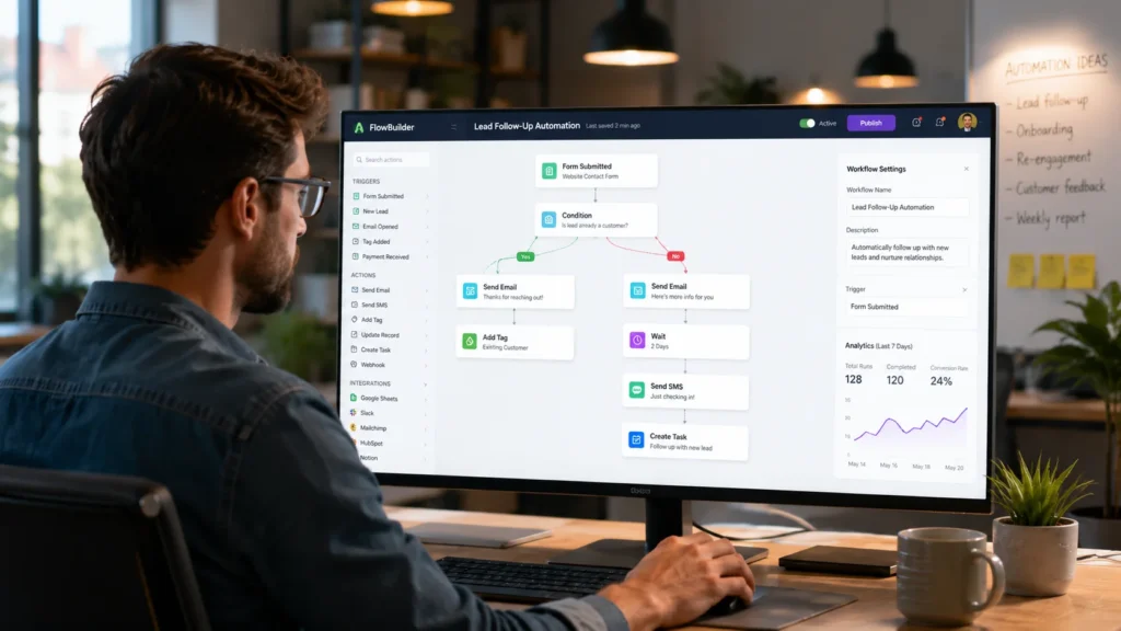 Small business owner creating AI automations using no-code software