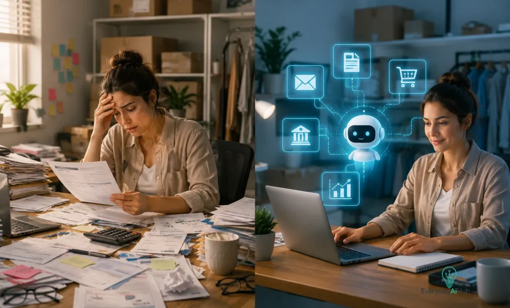 Overwhelmed business owner managing repetitive tasks before and after AI automation