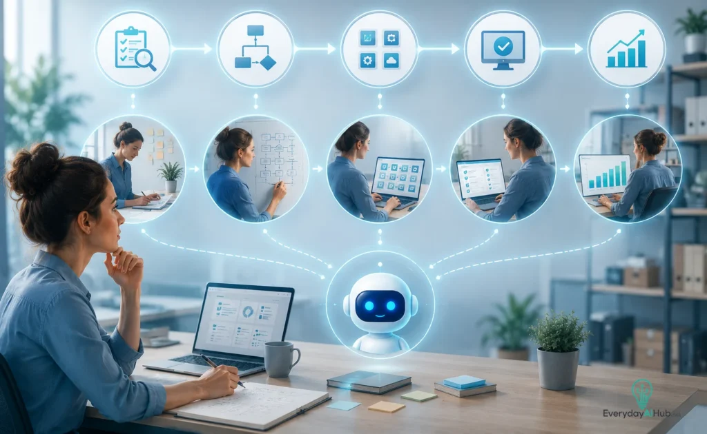 Step-by-step roadmap showing AI workflow setup for small businesses