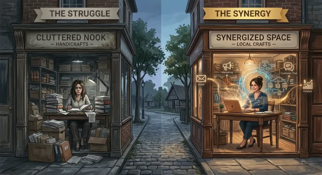 Two identical small shops on a quiet street shown side by side. The left shop is dark, with its overwhelmed owner visible through the window surrounded by stacks of paper. The right shop glows warmly, its relaxed owner surrounded by soft automated workflow visualizations, illustrating the hidden cost of not adopting AI.