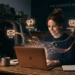 A small business owner sits alone at a worn wooden desk late at night, her face lit by a laptop screen showing glowing AI data streams connecting to icons for email, marketing, chat, and finance, with her quiet dark shop visible behind her.