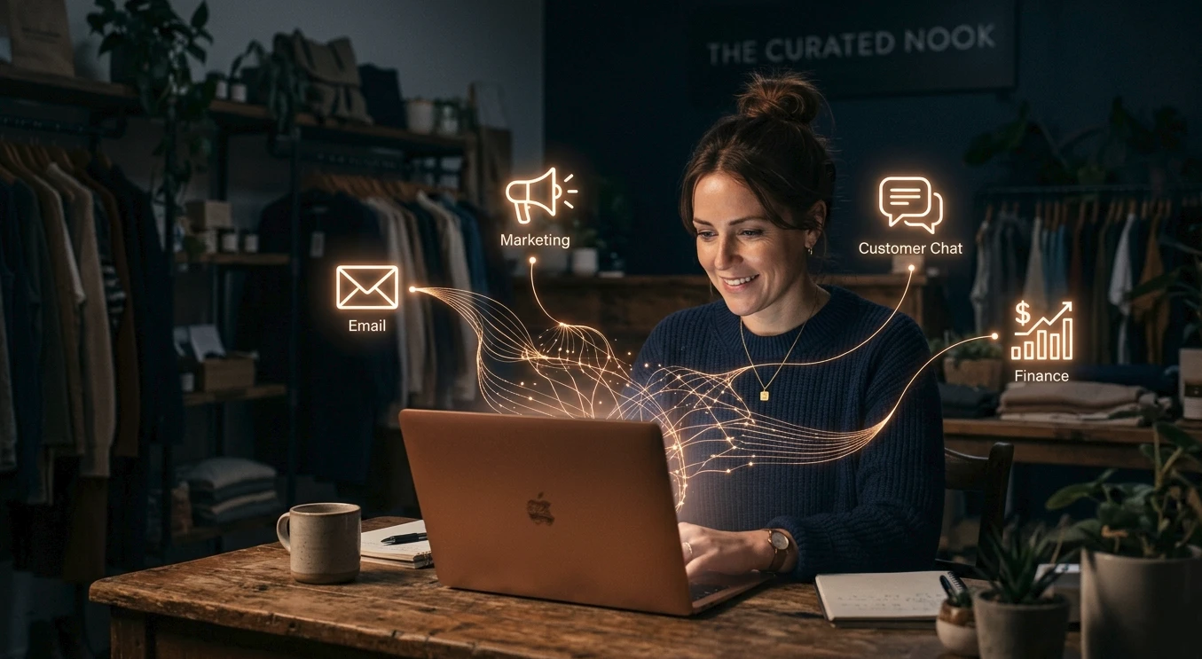 A small business owner sits alone at a worn wooden desk late at night, her face lit by a laptop screen showing glowing AI data streams connecting to icons for email, marketing, chat, and finance, with her quiet dark shop visible behind her.