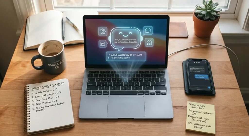 An overhead flat-lay of a small business owner's desk showing a notebook, coffee cup, smartphone with a chatbot conversation on screen, sticky notes with completed tasks, and a holographic AI assistant projected above a laptop keyboard in soft morning light.