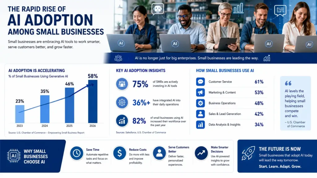 Graph-style visualization showing growing AI adoption among small businesses between 2023 and 2026