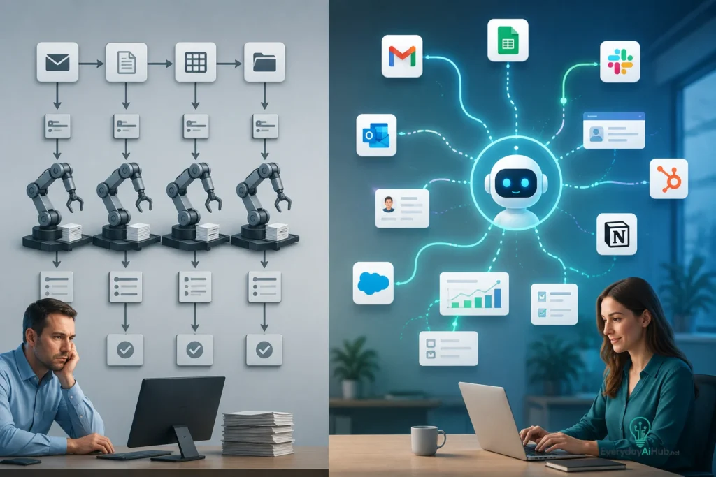 Comparison between traditional workflow automation and intelligent AI-powered automation systems