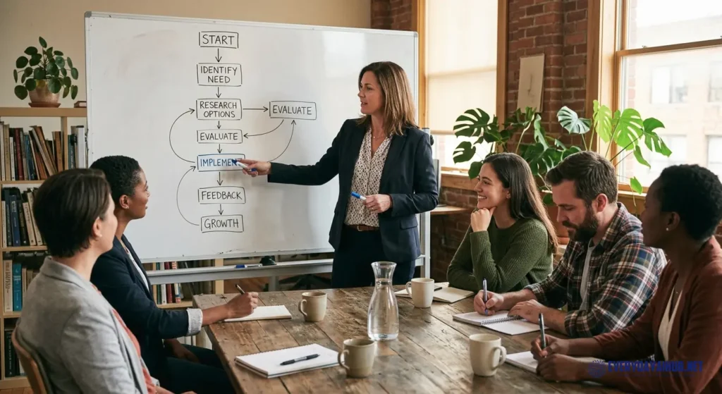 Business owner presenting a simple AI rollout flowchart on a whiteboard to an engaged small team