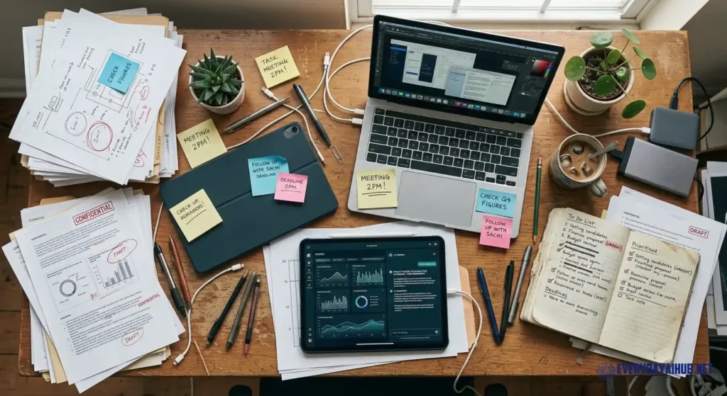 Overhead view of a desk with printed documents, handwritten notes, and an AI interface tablet showing parallel workflows