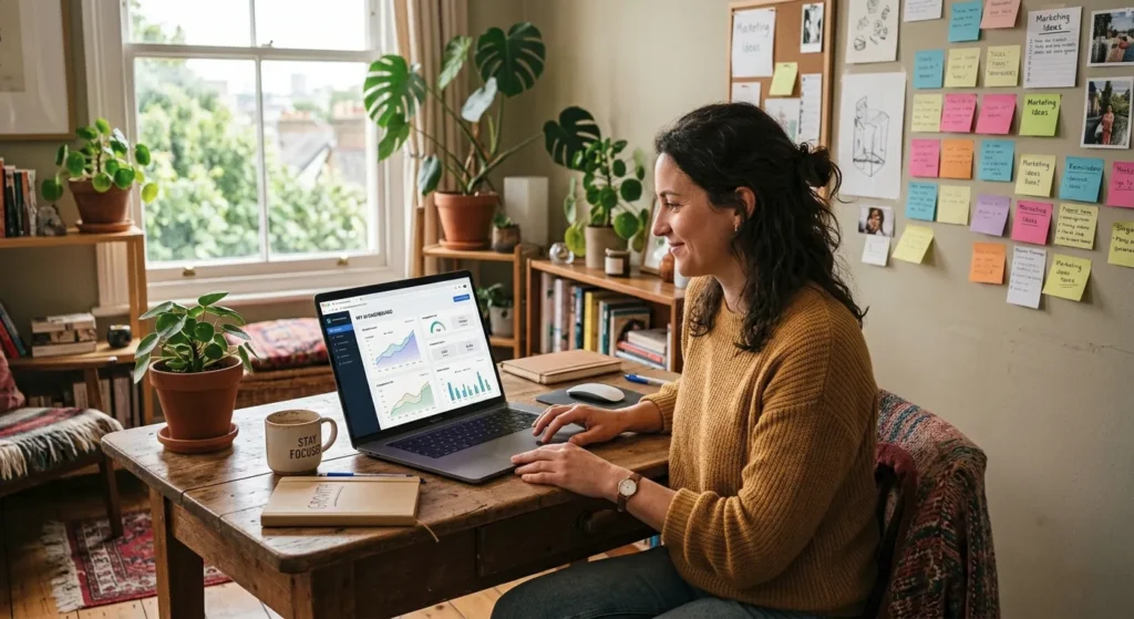 Small business owner reviewing an AI dashboard on a laptop at a warm wooden desk with natural light