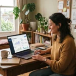 Small business owner reviewing an AI dashboard on a laptop at a warm wooden desk with natural light