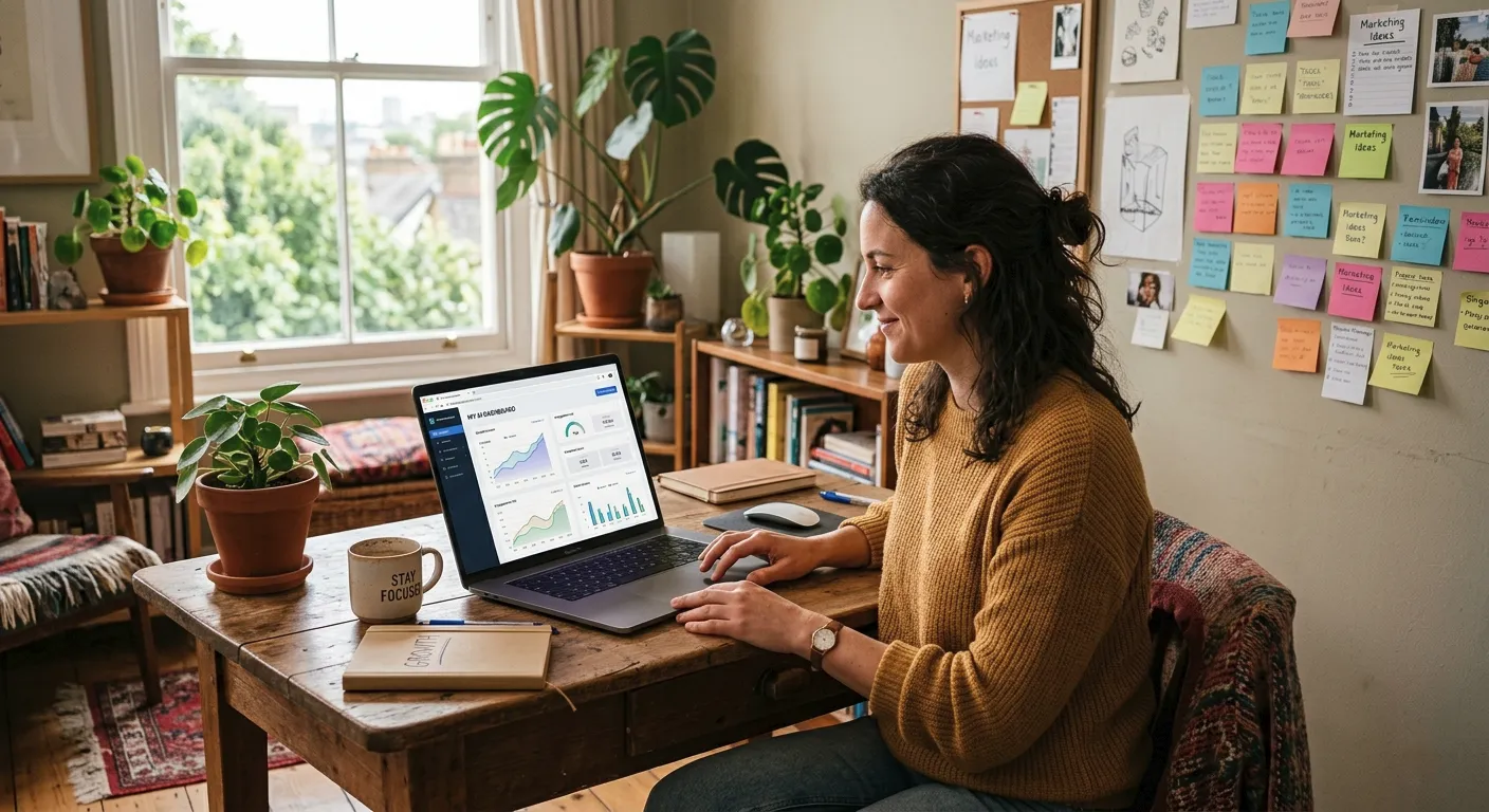 Small business owner reviewing an AI dashboard on a laptop at a warm wooden desk with natural light