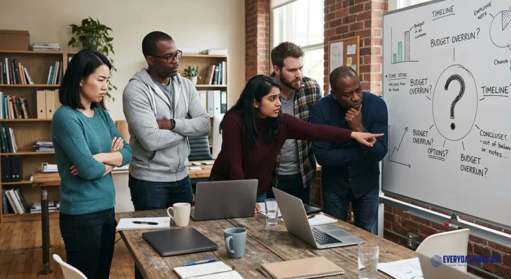 Diverse small business team gathered around a conference table showing mixed reactions to a new AI initiative
